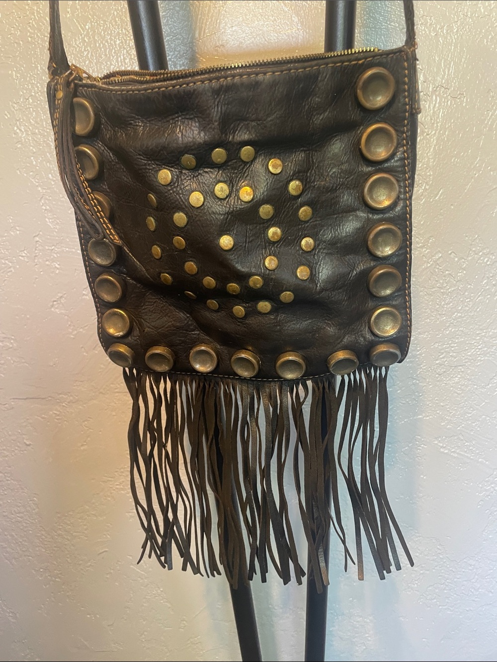 Black Leather Fringe Shoulder Bag with Brass Stud Accents, vintage